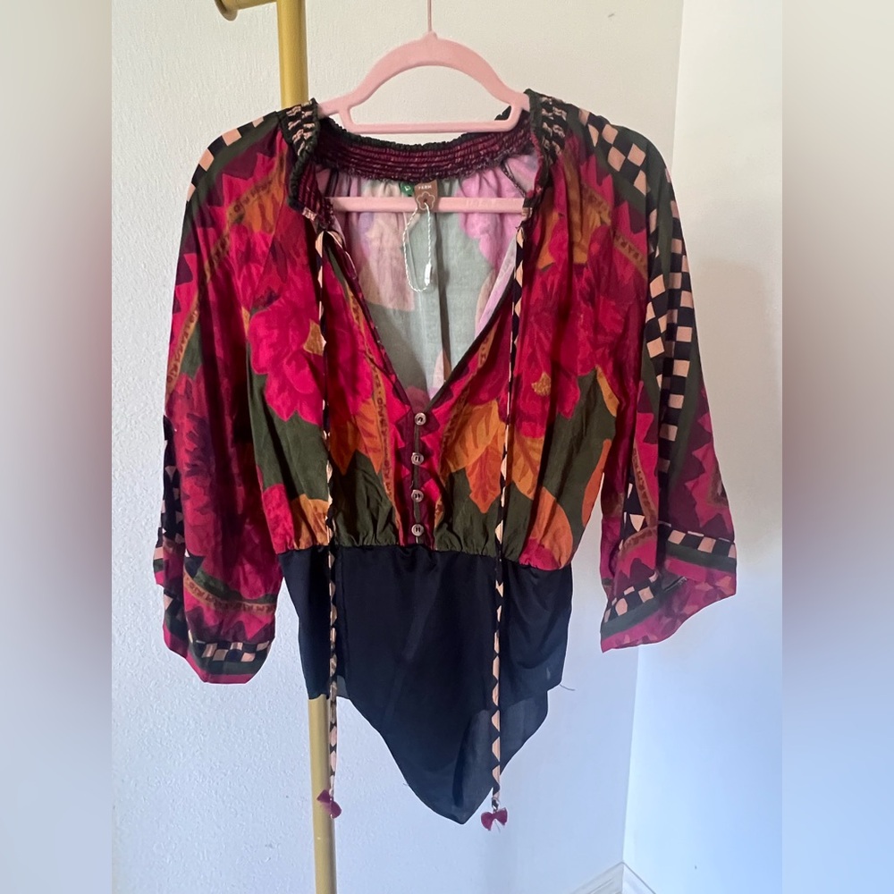 FARM Rio Floral Checkered V Neck Bodysuit Women MED - NWOT